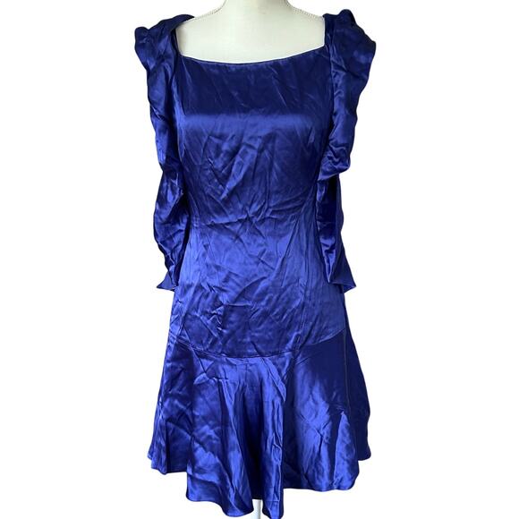 KAREN MILLEN Ruffled Satin‎ Drop Waist Mini Dress in Cobalt Blue-Size 10 - Picture 1 of 7
